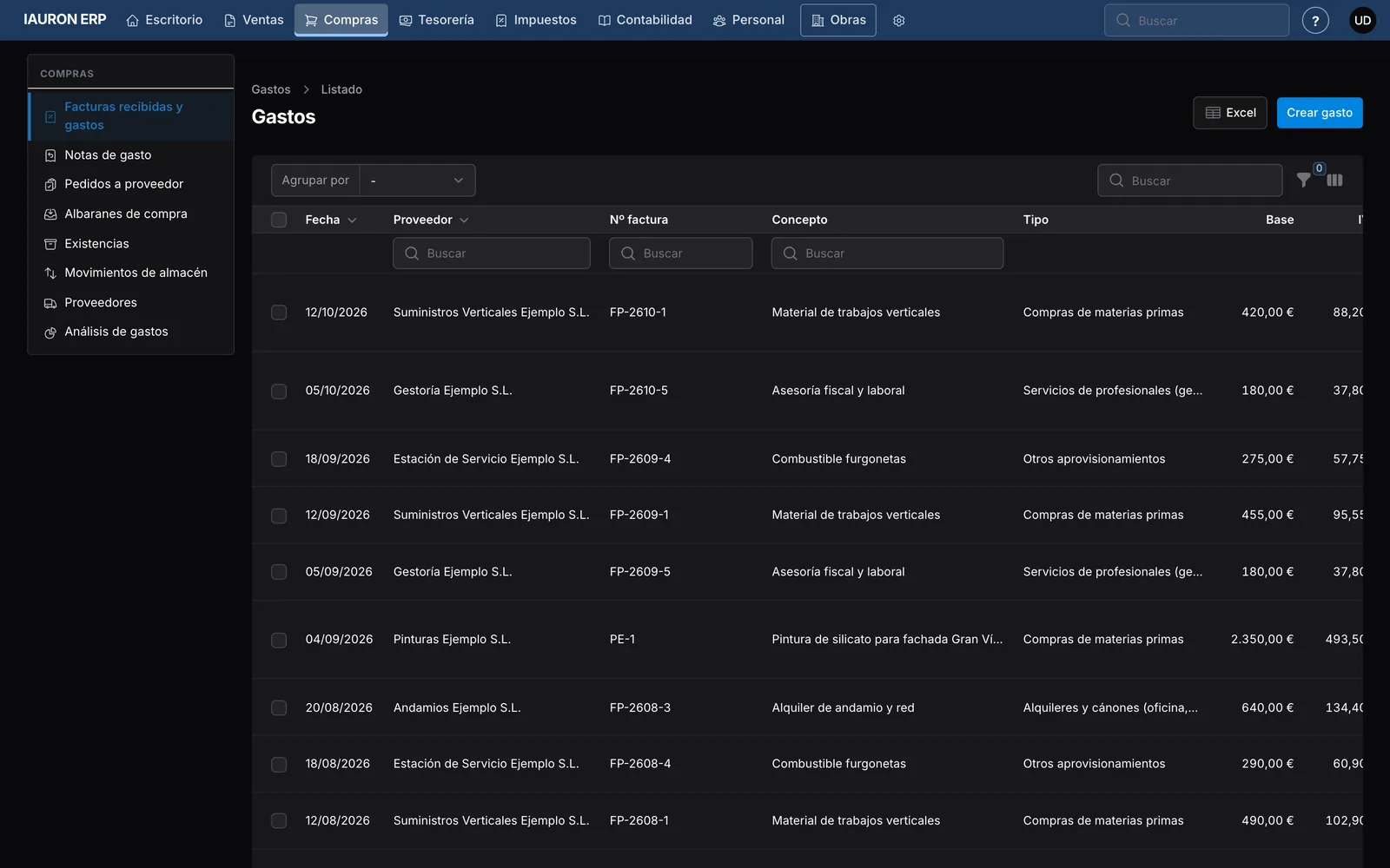 Listado de gastos de IAURON ERP clasificados por tipo
