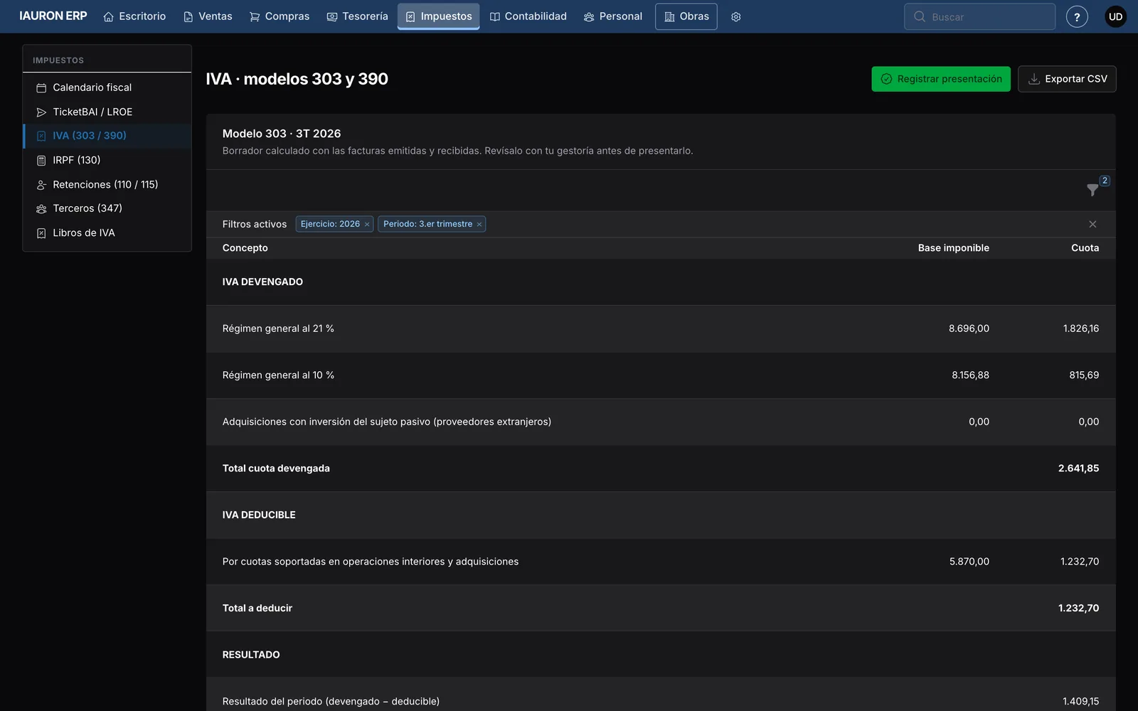 Modelo 303 calculado en IAURON ERP