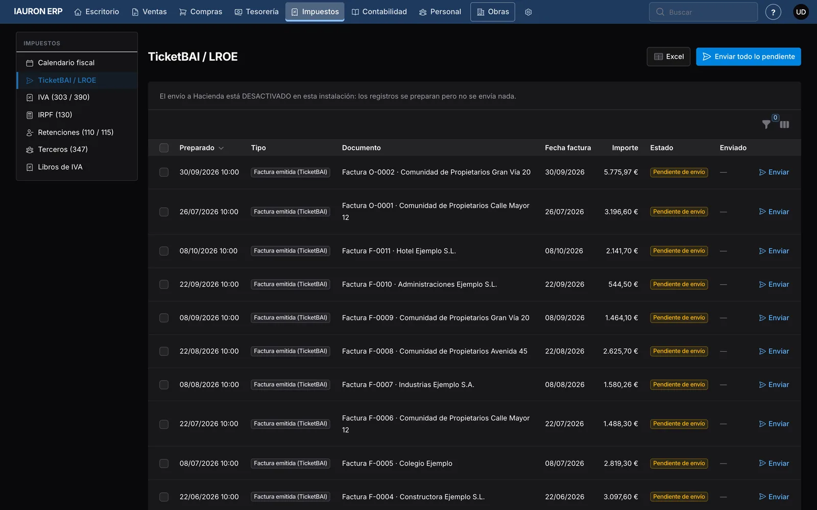 Registros TicketBAI preparados para enviar a Hacienda